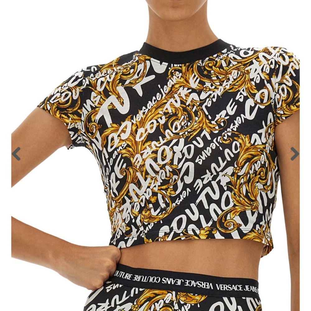 Versace Jeans Collection Black and Gold Script Crop Top
